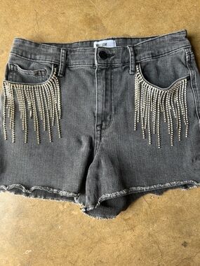 Upcycled William Rast Charcoal Denim Shorts with Rhinestone Fringe